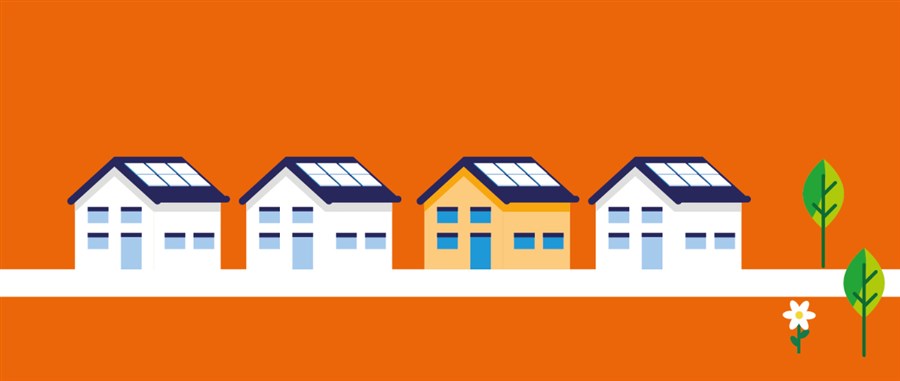visuele weergave van een straat met huizen waar zonnepanelen op liggen